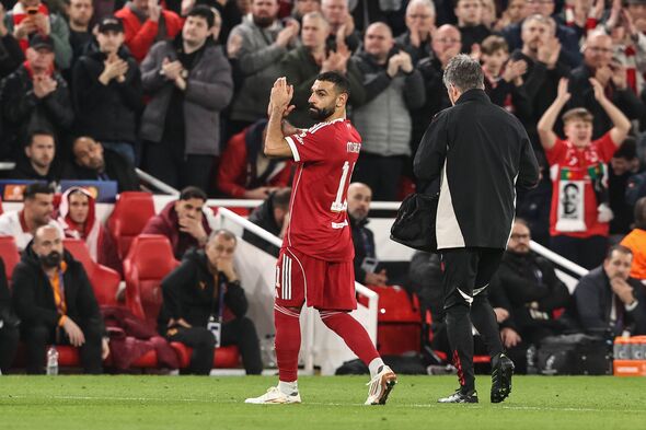 Mohamed Salah of Liverpool applauds the fans after being substituted during the UEFA Champions League last 16 second leg match b