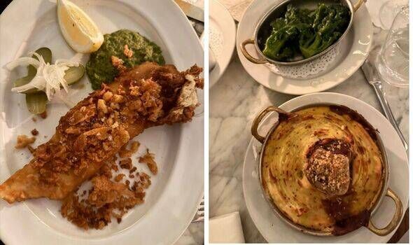 battered fish with mushy peas and cottage pie and broccoli