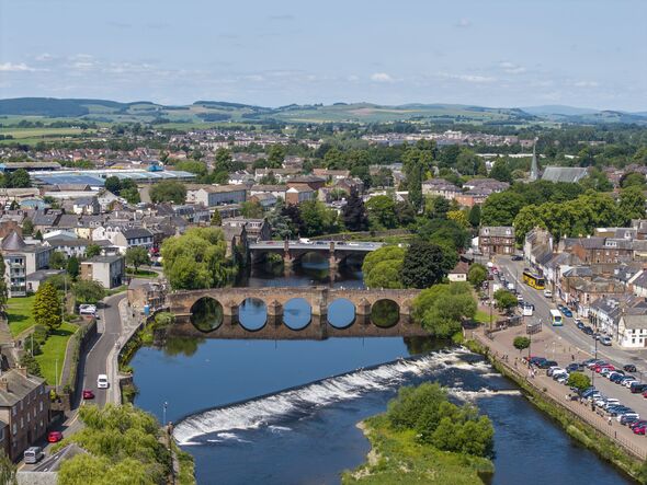 Aerial view of River Nith, bridges, Dumfries, Scotland