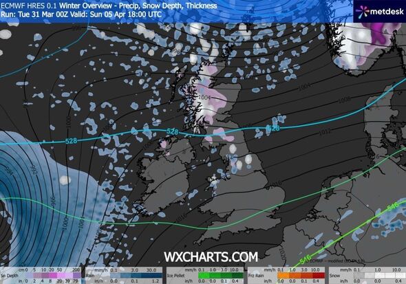 This map shows snow lingering over parts of Scotland as a band of rain heads in at 6pm on Easter Sunday