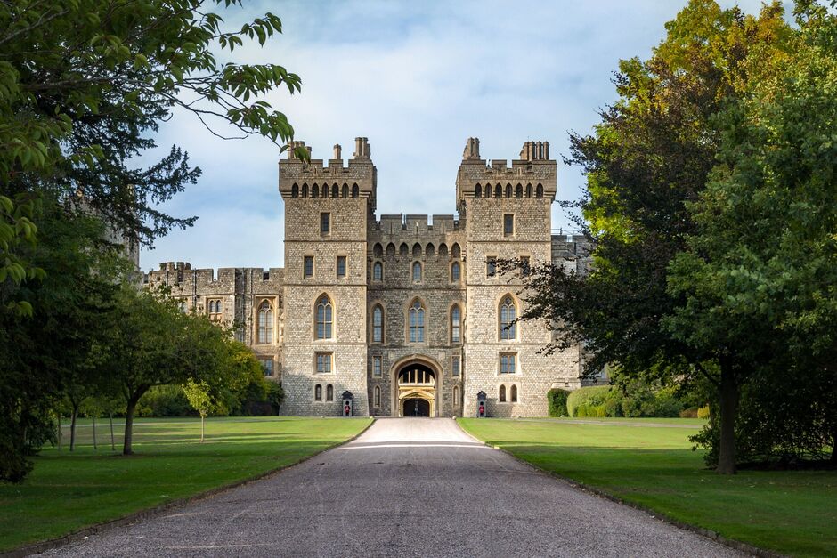 Illustrative editorial of the gate at Windsor Castle on a sunny summer day in England