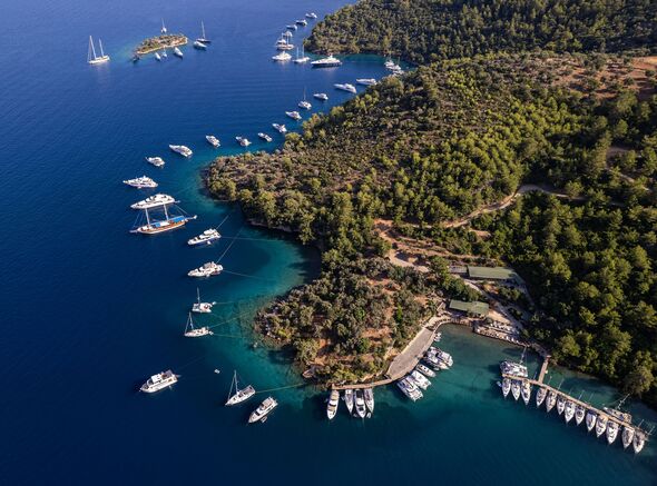An aerial view of yachts anchored in turquoise bays of Dalaman, Turkey