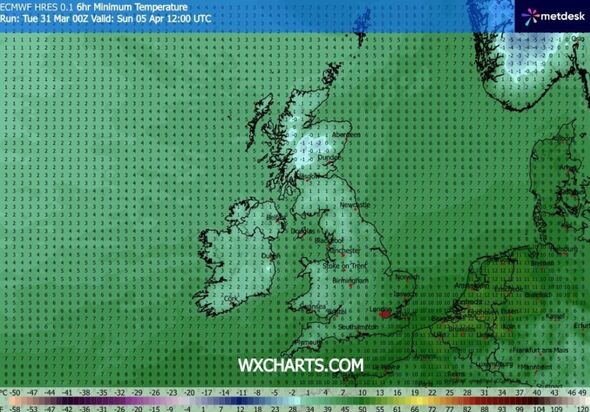 A weather map shows minimum temperatures in single digits at midday on Sunday