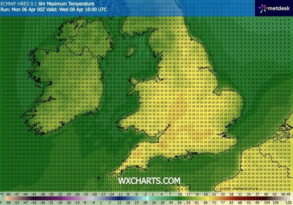 ECMWF weather maps show temperatures peaking at 21C or 22C across eastern and southern England