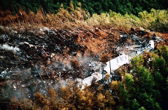 In this aerial image, A primary wing of JAL 123 is seen at the ridge of Mount Takamagahara on August 13, 1985 in Ueno, Gunma, J