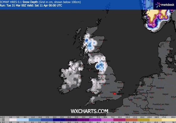 UK snow depth map