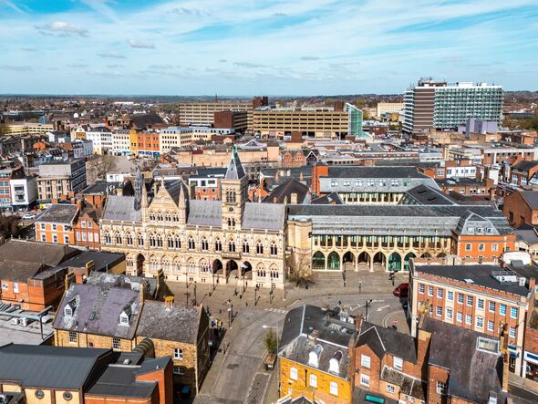 Drone view of Northampton Guild Hall, England, UK