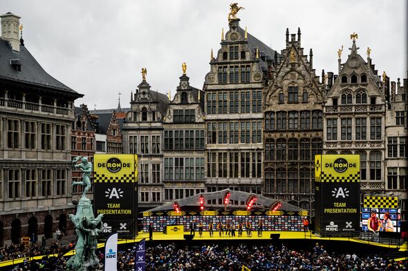 ANTWERPEN, BELGIUM - APRIL 05: General view of the start from an appartement window prior the 110th Tour of Flanders - Ronde van