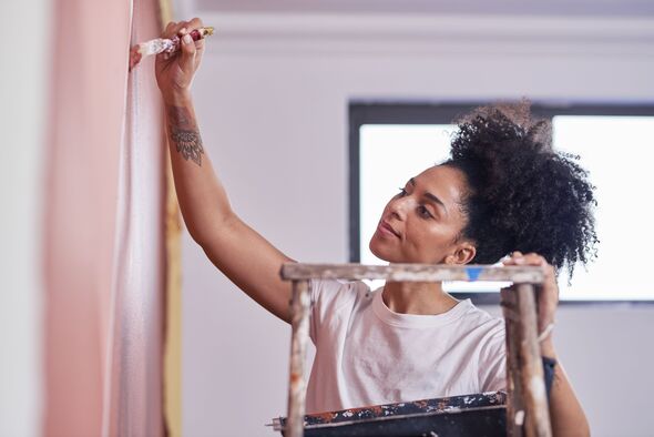 Woman Artist Painting a Pink Wall on a Ladder, Focused on a Creative Home Mural Project