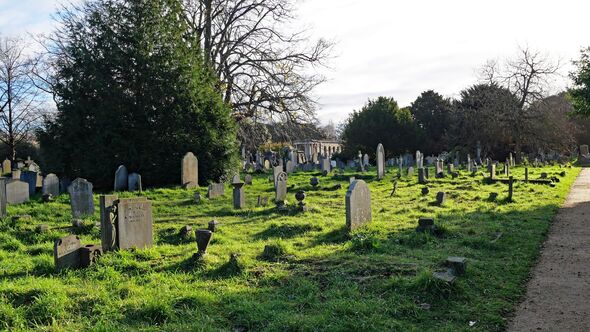 Abandoned graves on a green lawn and cloudy sky at Brompton Cemetery in London, England, United Kingdom. No people.