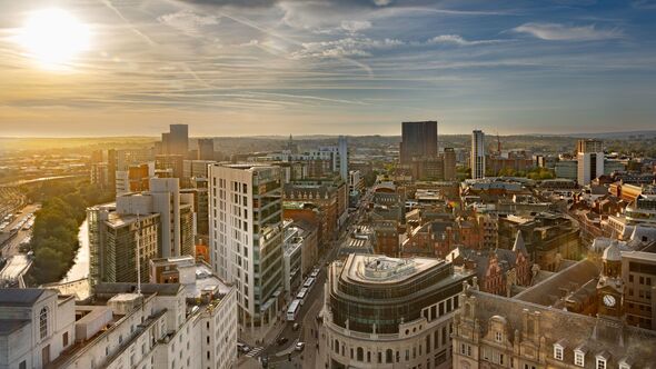 Leeds City Square and panoramic view of skyline
