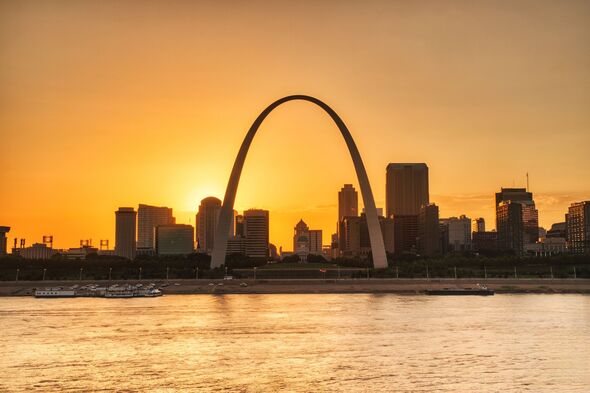 St. Louis Downtown Cityscape from the river at sunset, Missouri