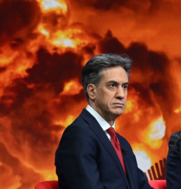 Ed Miliband in front of image of fire