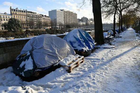 Homeless people tents in a Parisian street, France.