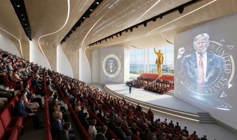 The library video shows a gold statue of Trump