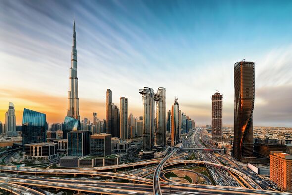 Dubai cityscape with Burj Khalifa at sunset