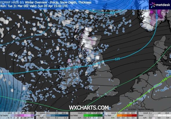 A weather map shows snow over parts of northern Britain at 3pm on Easter Sunday