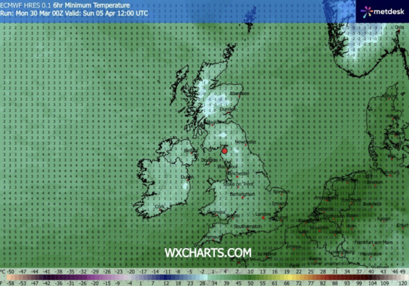 Minimal temperature map for April 5, 12:00pm