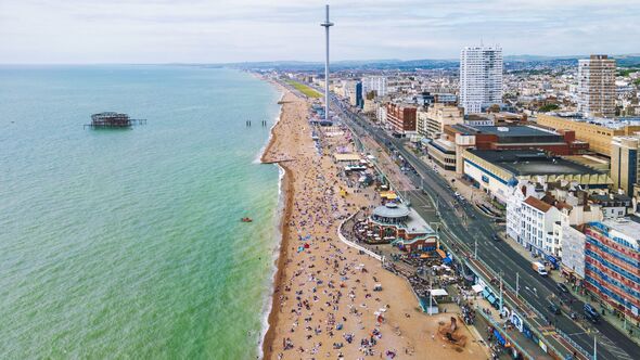 Aerial view of Brighton city East Sussex with i360 observation tower , UK
