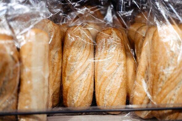 Bread inside plastic bags in supermarket