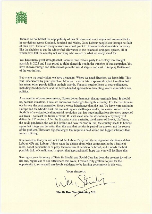 Wes Streeting's letter