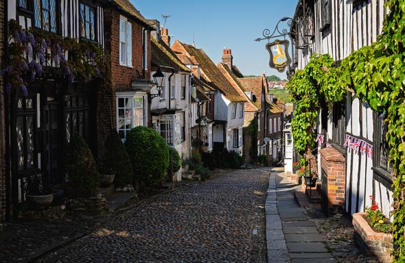 View down Mermaid street in Rye, east Sussex, south east England, UK