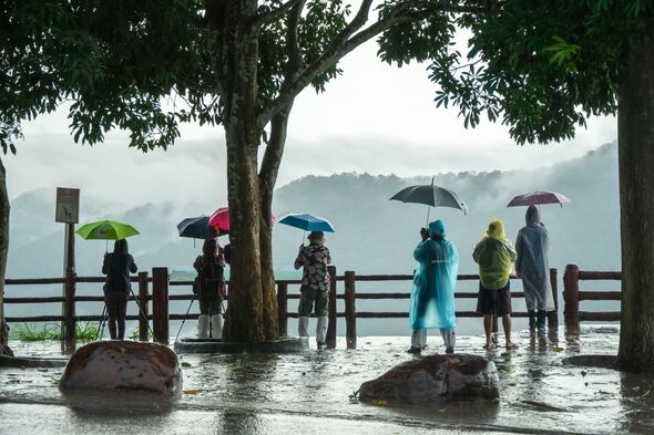 Tourist photographers holding umbrellas taking landscape view of hills