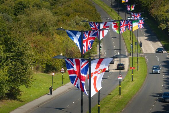 British Flags Appear on lampposts on road