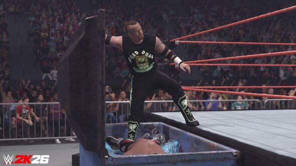Screenshot of Road Dogg in a Dumpser Match on WWE 2K26