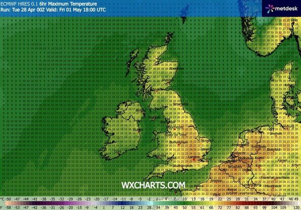 WXCharts weather map showing 'Maximum Temperature' at 6pm on May 1