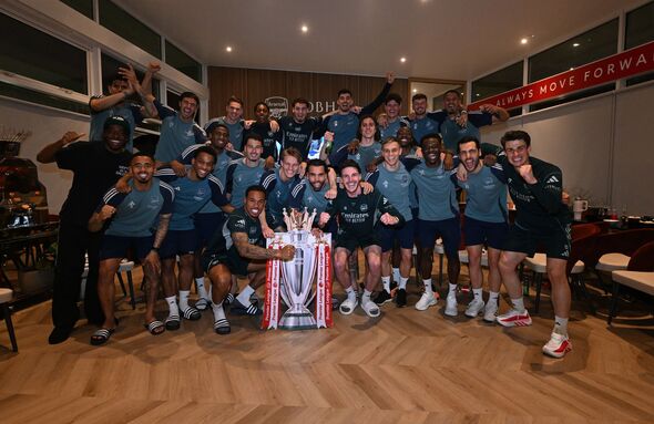 Arsenal Squad watch AFC Bournemouth v Manchester City