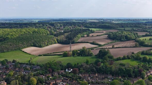 High angle view of agricultural field against sky,Chesham,United Kingdom,UK