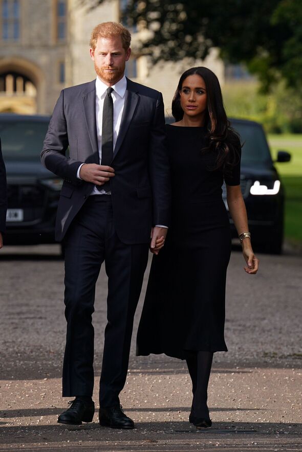 The Prince and Princess of Wales Accompanied By The Duke And Duchess Of Sussex Greet Wellwishers Outside Windsor Castle