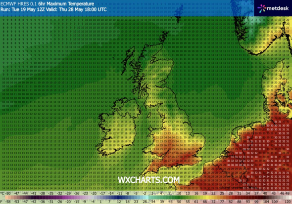 WX Charts Max Temperature map for Thursday May 28 at 6pm