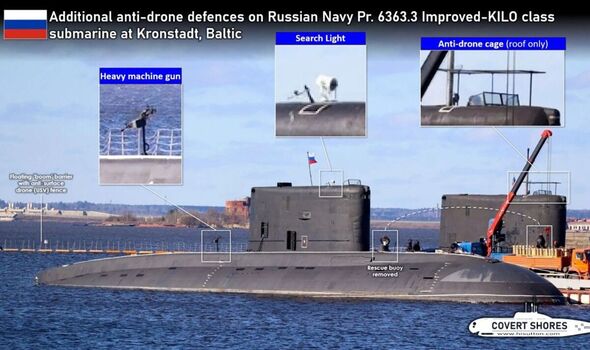 Russian submarine with anti-drone cages