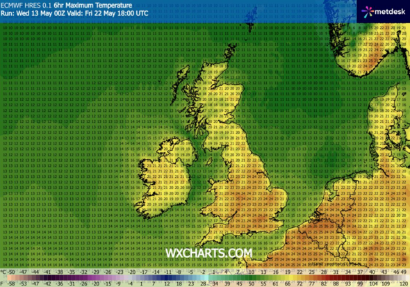 WX Charts max temp map for Friday, May 22