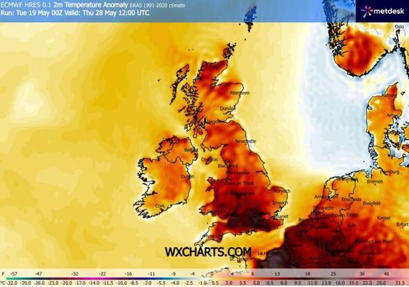 Hot weather map of the British Isles