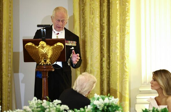 US President Donald Trump speaks during a State Dinner hosted by US President Donald Trump and First Lady Melania Trump in the E