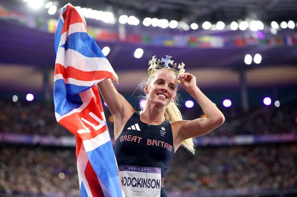 Gold medalist Keely Hodgkinson of Team Great Britain celebrates in Paris.