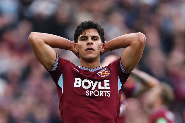 LONDON, ENGLAND - MAY 10: Mateus Fernandes of West Ham United reacts after a missed chance during the Premier League match betwe