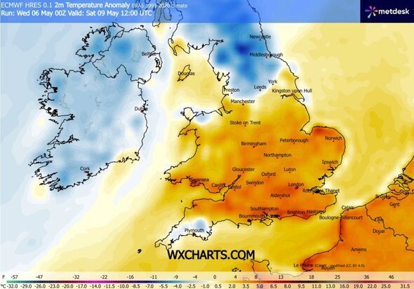 The image presents a weather map highlighting temperature variations across a region, with cooler temperatures depicted in shade