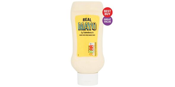 A bottle of Sainsbury's Real Mayo standing on its lid on a white background