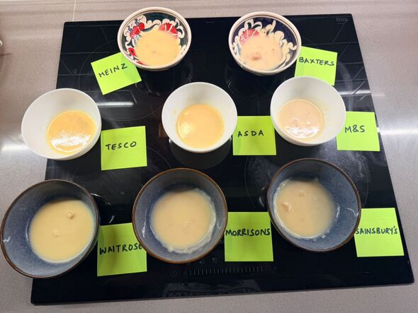 Taste test bowls of chicken soup on kitchen counter