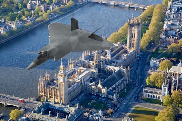 A computer generated images shows a Tempest jet flying over Parliament