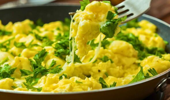 Picture of scrambled eggs cooked with feta cheese