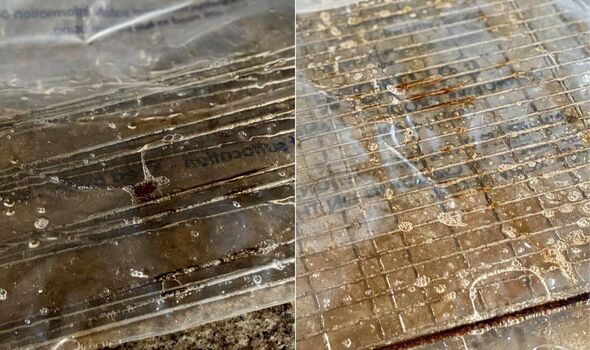 The image depicts a comparative analysis of two distinct surfaces. On the left, a weathered and stained surface shows signs of s