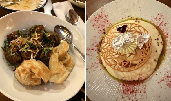 Split image close up of the beef main course and the dessert on the Colonel Saab Kinky Boots menu