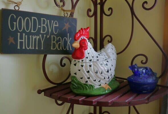 Vintage Rooster Cookie Jar and GOOD-BYE HURRY BACK Sign