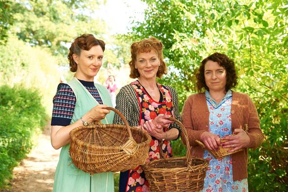 FRANCES GREY as Erica Campbell, CLAIRE RUSHBROOK as Pat Simms, and SAMANTHA BOND as Frances Barden in Home Fires