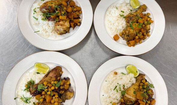 Chicken and mango chutney traybake served with rice
